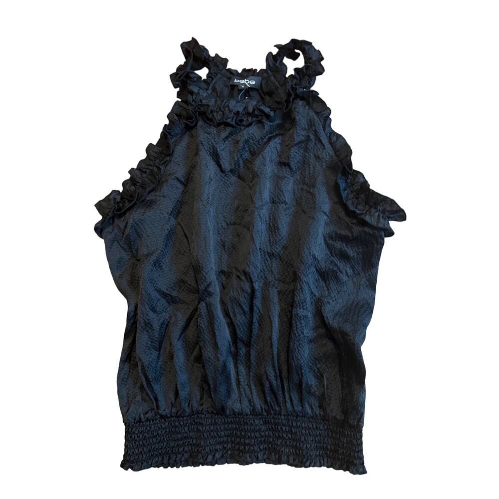 NWT Bebe Vintage Y2K Black Silk Ruffle Halter Sleeveless Top M